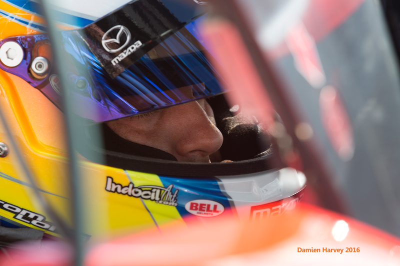 Tom Long inside the No. 70 Mazda Prototype, concentrating before qualifying.